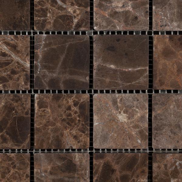 Close-up of Emperador Dark mosaic showing tumbled marble texture