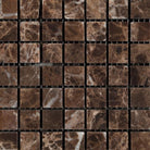 Close-up of Emperador Dark marble mosaic tile in 5/8x5/8 size with tumbled texture
