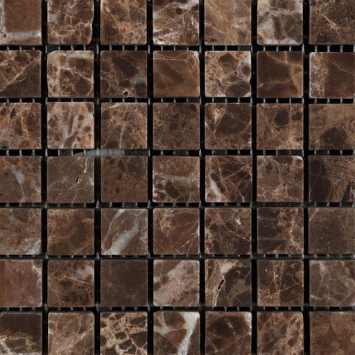 Close-up of Emperador Dark marble mosaic tile in 5/8x5/8 size with tumbled texture