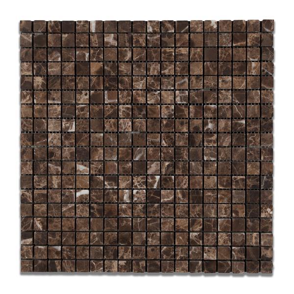 Sheet of Emperador Dark 5/8x5/8 tumbled marble mosaic tile