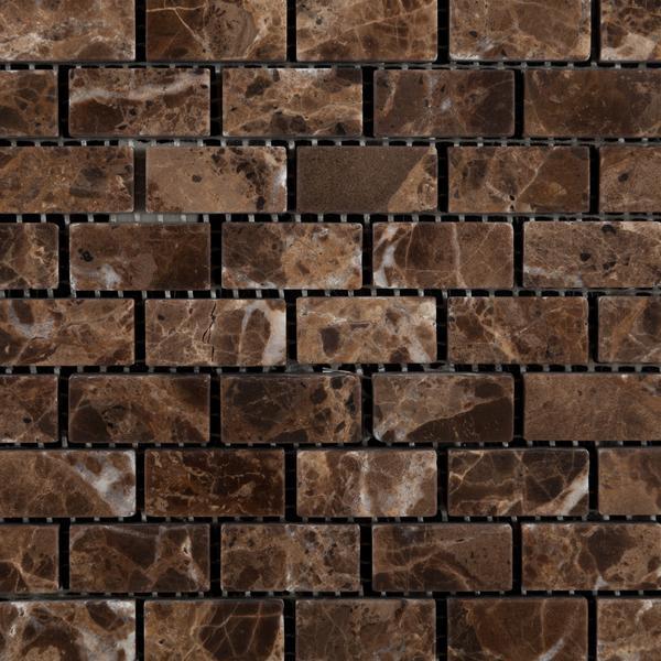 Close-up of Emperador Dark marble in 5/8x1 1/4 baby brick pattern