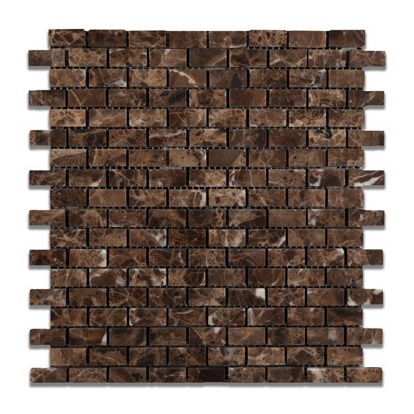 Sheet of Emperador Dark baby brick tumbled marble mosaic tile