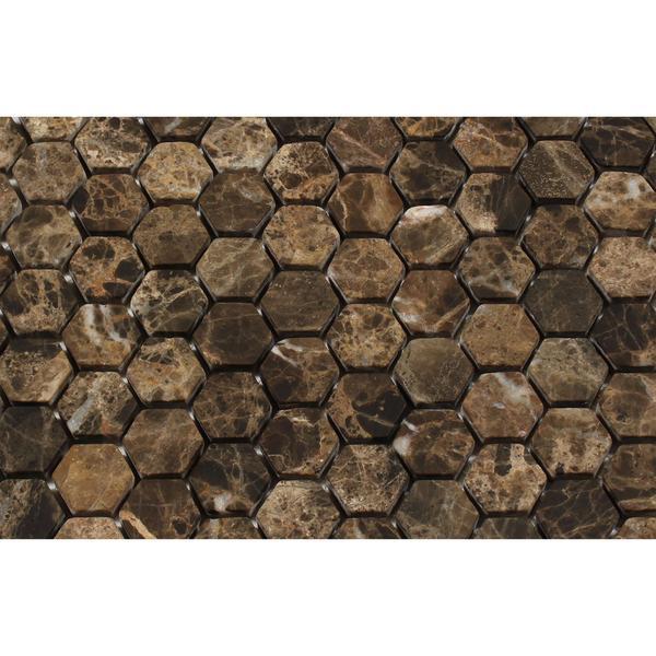 Close-up of Emperador Dark hexagon mosaic with tumbled finish