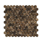 Sheet of Emperador Dark 1x1 hexagon tumbled marble mosaic tile