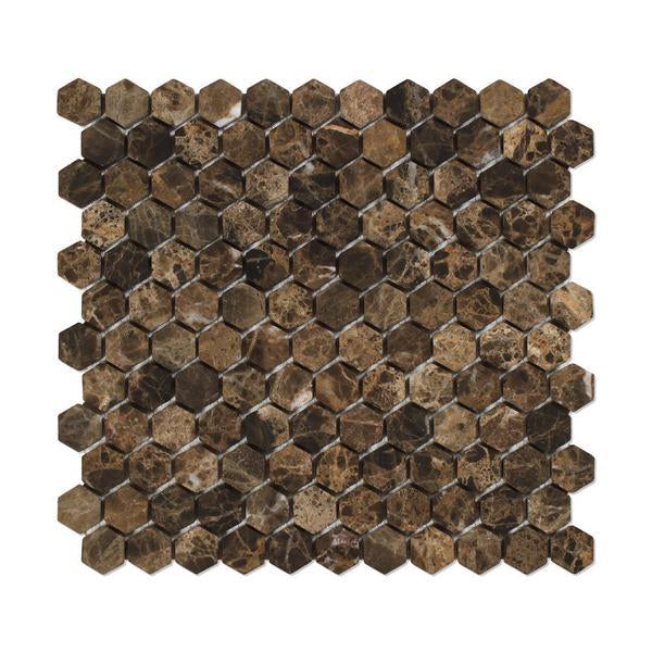 Sheet of Emperador Dark 1x1 hexagon tumbled marble mosaic tile