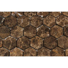 Close-up view of Emperador Dark hexagon mosaic showing tumbled texture