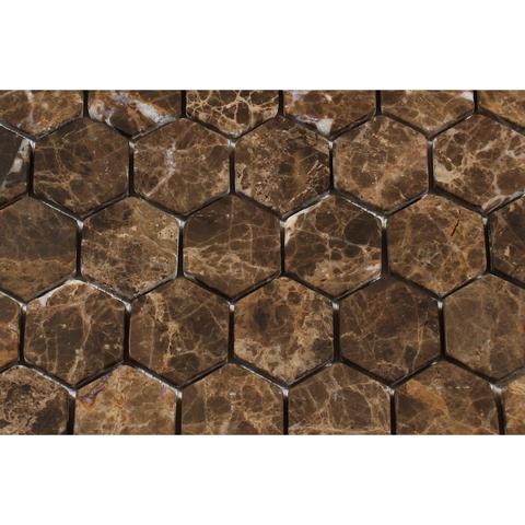 Close-up view of Emperador Dark hexagon mosaic showing tumbled texture