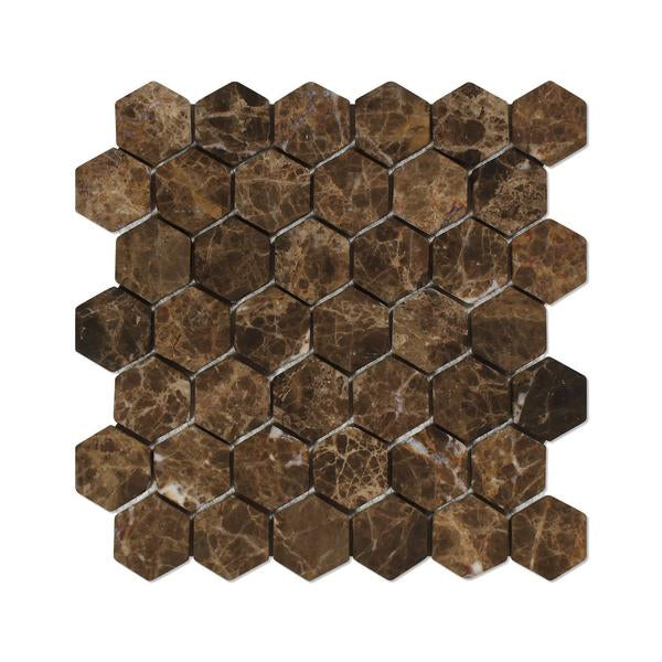 Sheet of Emperador Dark 2x2 hexagon tumbled marble mosaic