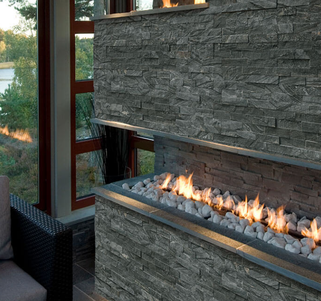 Close-up showing Glacial Black stacked stone corner texture and color details