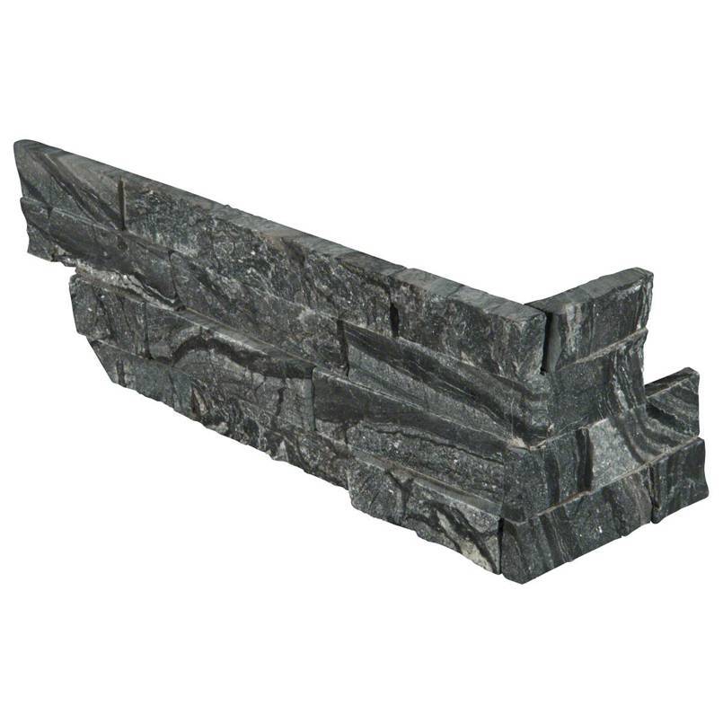 Flat lay of Glacial Black marble corner pieces in charcoal and light veining