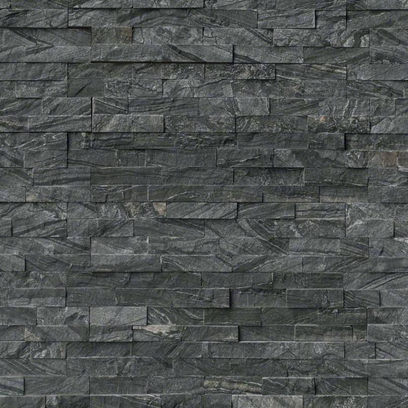 Flat view of Glacial Black marble stacked stone panel in 6x24 splitface finish