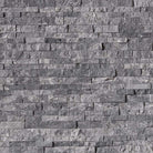 Flat lay of Glacial Grey marble stacked stone panel with soft gray tone and split-face texture