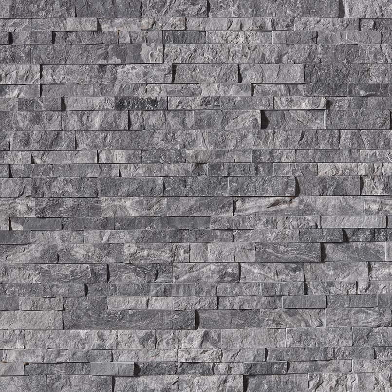 Flat lay of Glacial Grey marble stacked stone panel with soft gray tone and split-face texture