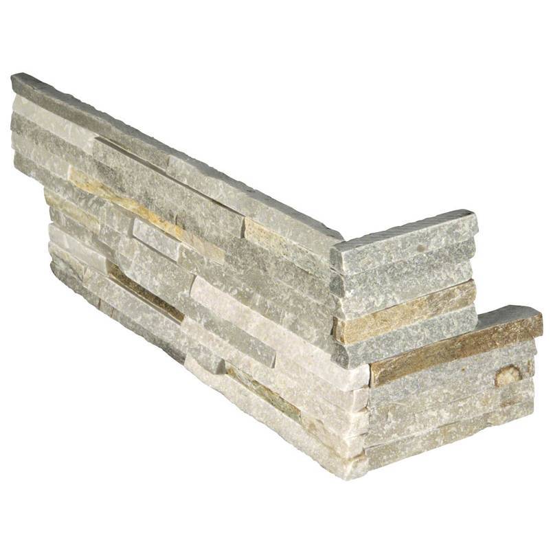 Golden Honey quartzite pencil corner flat layout showing slim linear stone strips