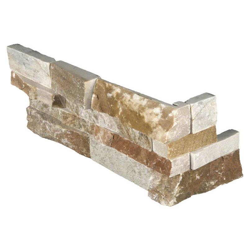Golden White quartzite stacked stone corner panel flat view showing multi-tonal texture