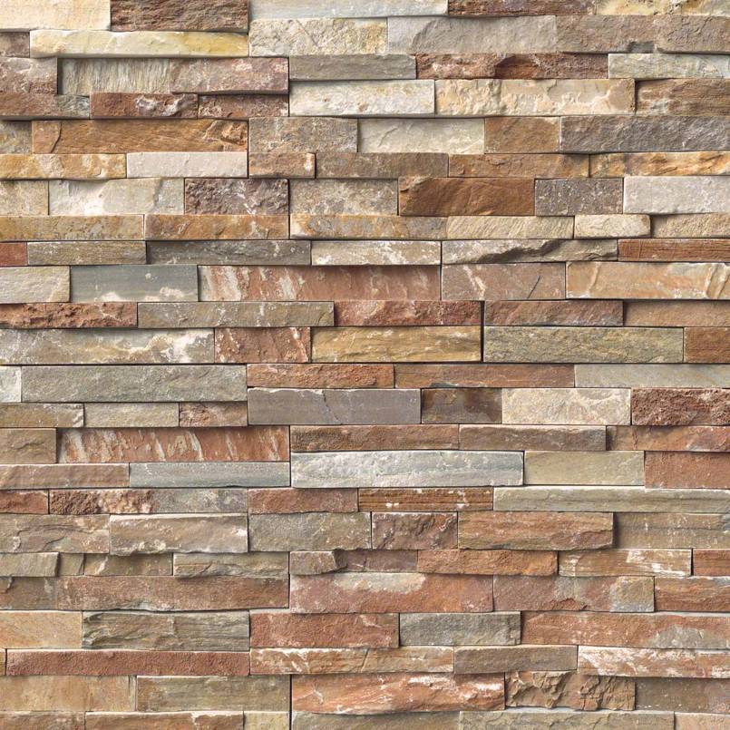 Flat lay of Golden White quartzite stacked stone panel showing warm gold, cream, and red tones