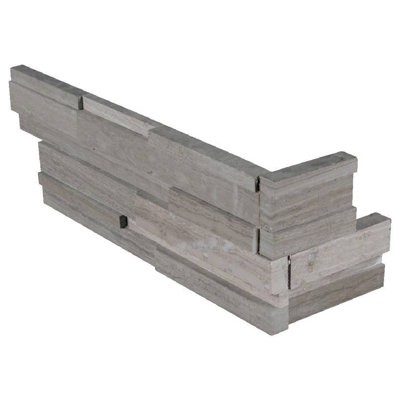 Flat view of Gray Oak 3D Honed Marble Stacked Stone Corner, 6x18x6, showing modern layered design