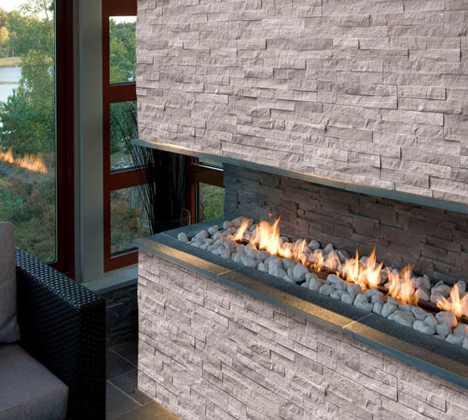 Detail view of Gray Oak marble texture and splitface finish