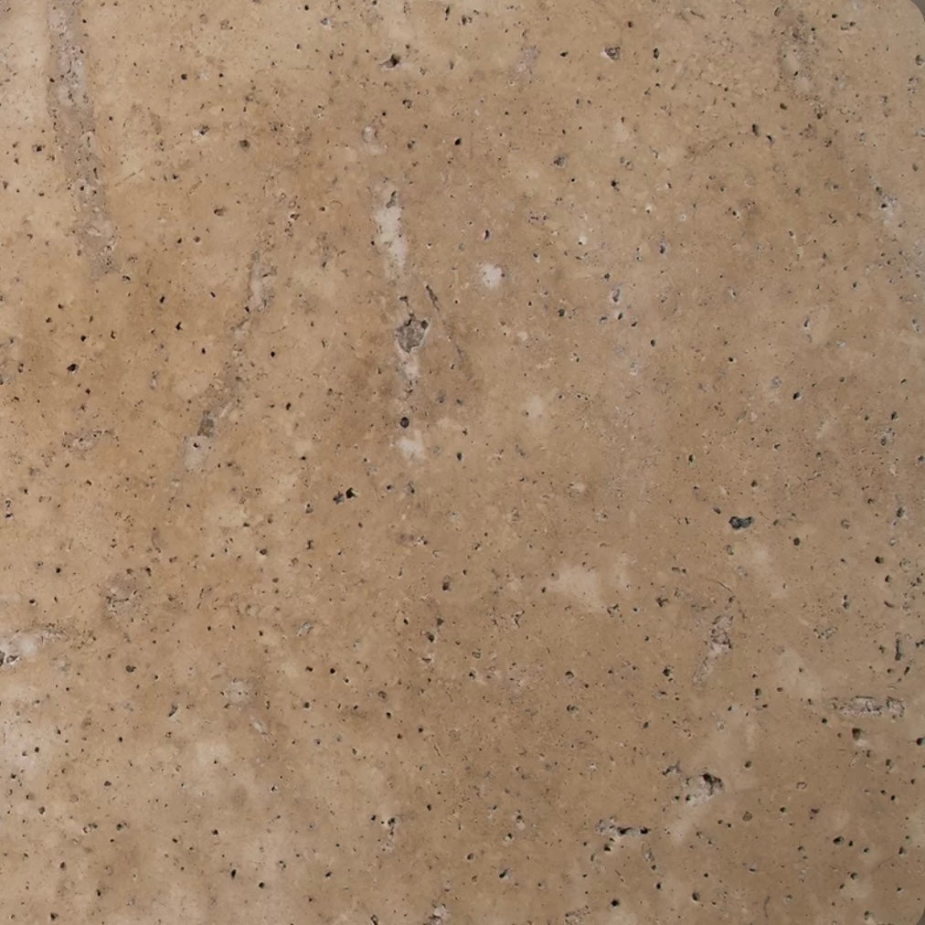 Hazelnut Travertine Pavers in Versailles pattern with warm light walnut tones

