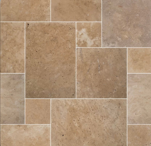 Hazelnut Travertine Pavers in Versailles pattern with warm light walnut tones


