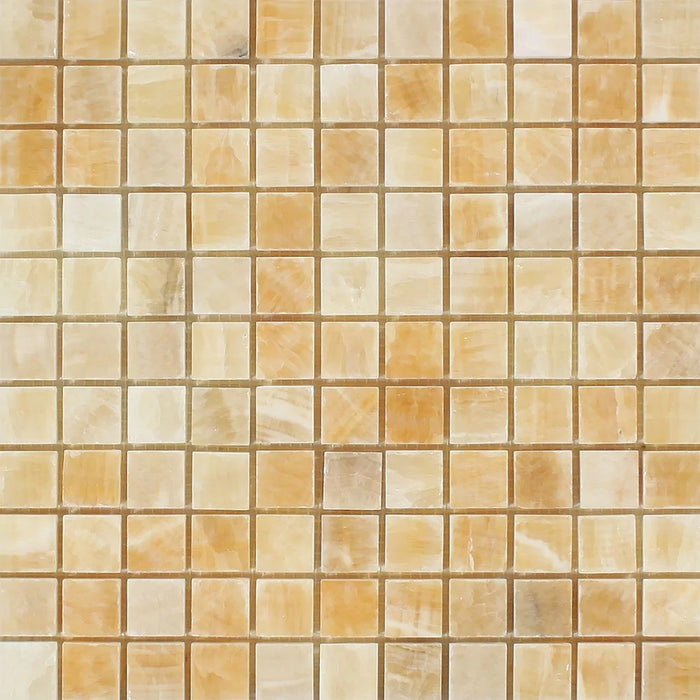 Flat view of Honey Onyx 1x1 Mosaic Tile in polished finish, 12x12 sheet