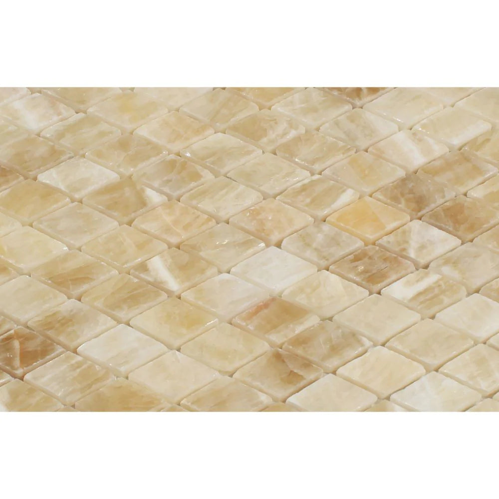 Close-up of Honey Onyx Diamond Mosaic showing angular geometry and golden veining