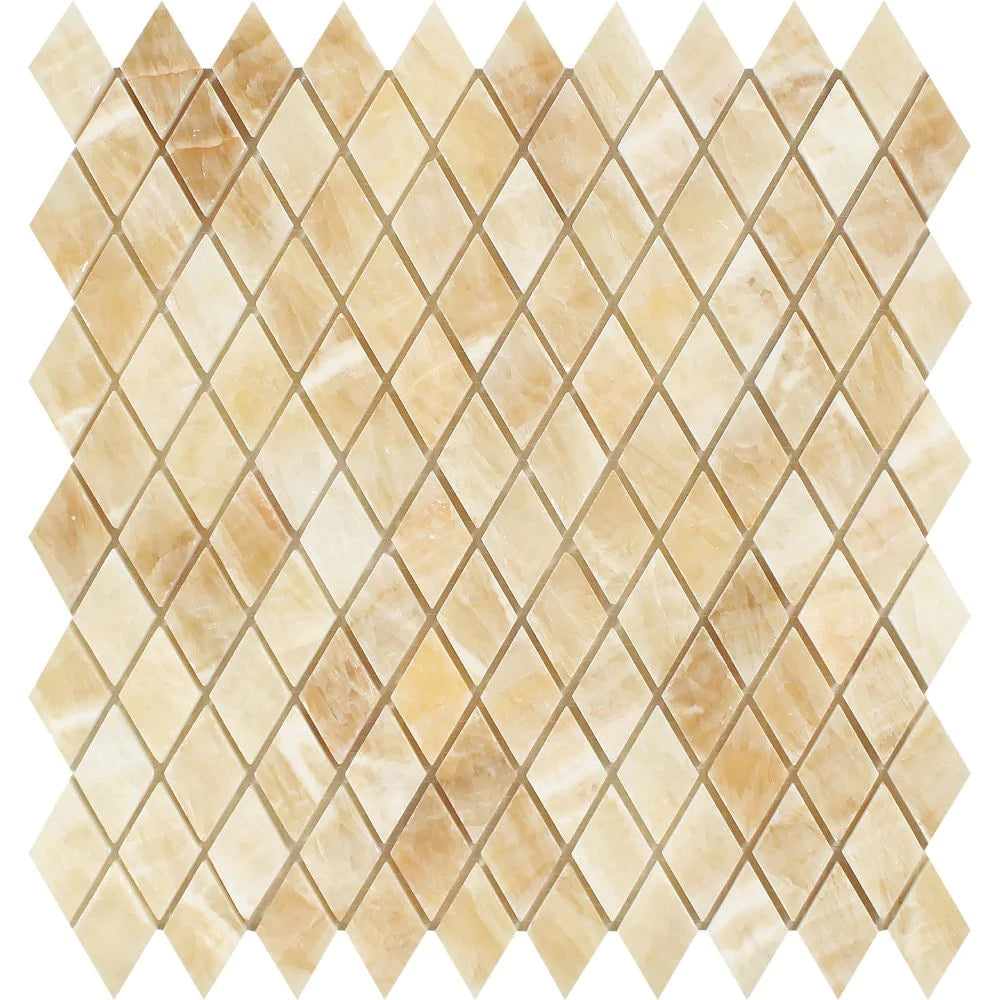 Flat view of Honey Onyx 1x2 Diamond Mosaic Tile in polished finish, 12x12 sheet