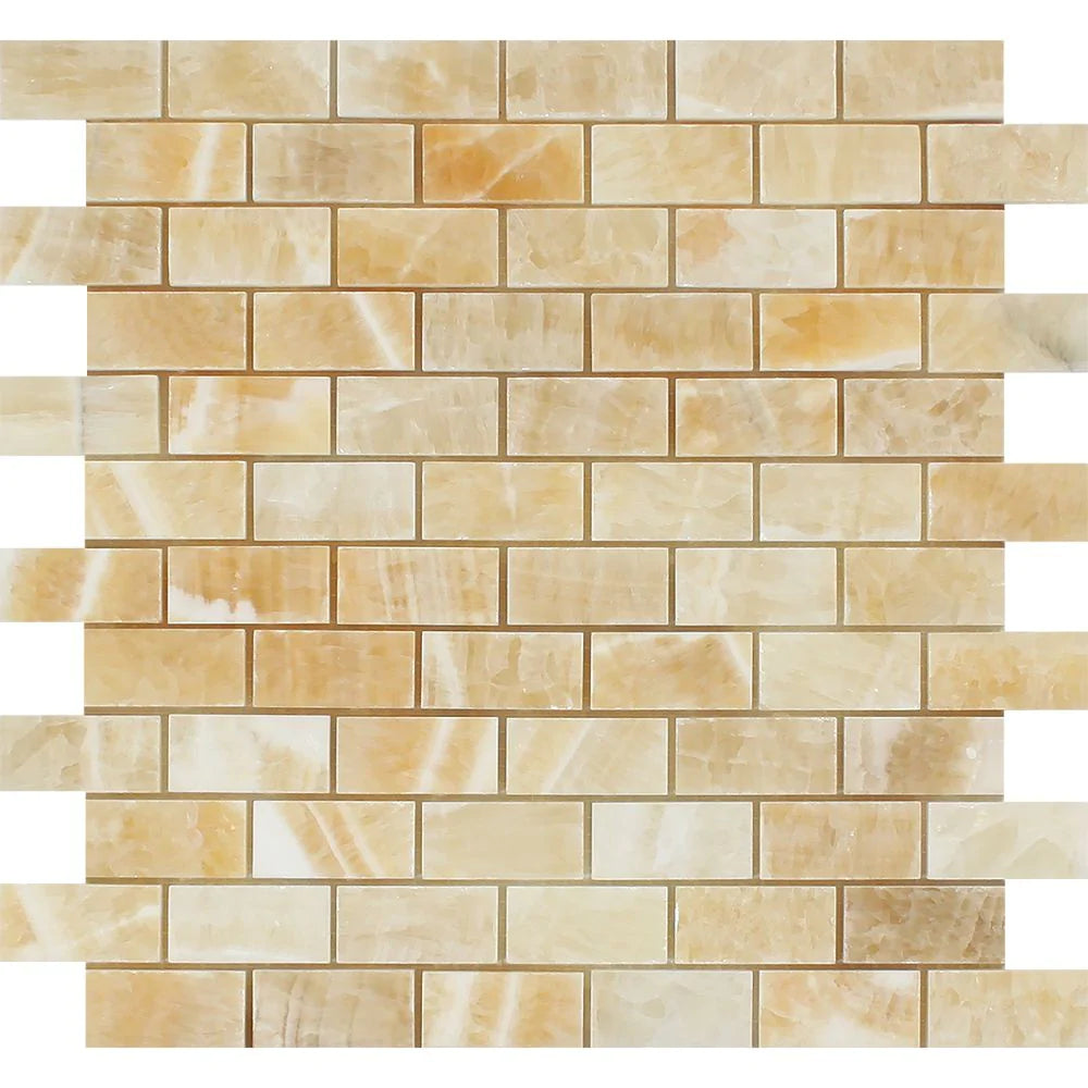 Flat view of Honey Onyx 1x2 Mosaic Tile in polished finish, 12x12 sheet