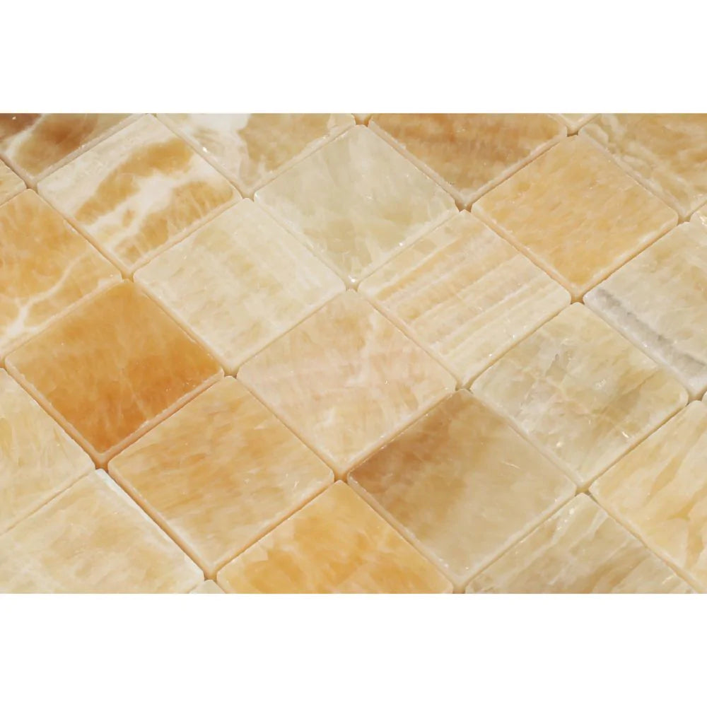 Close-up of Honey Onyx 2x2 Mosaic showing polished surface and natural veining