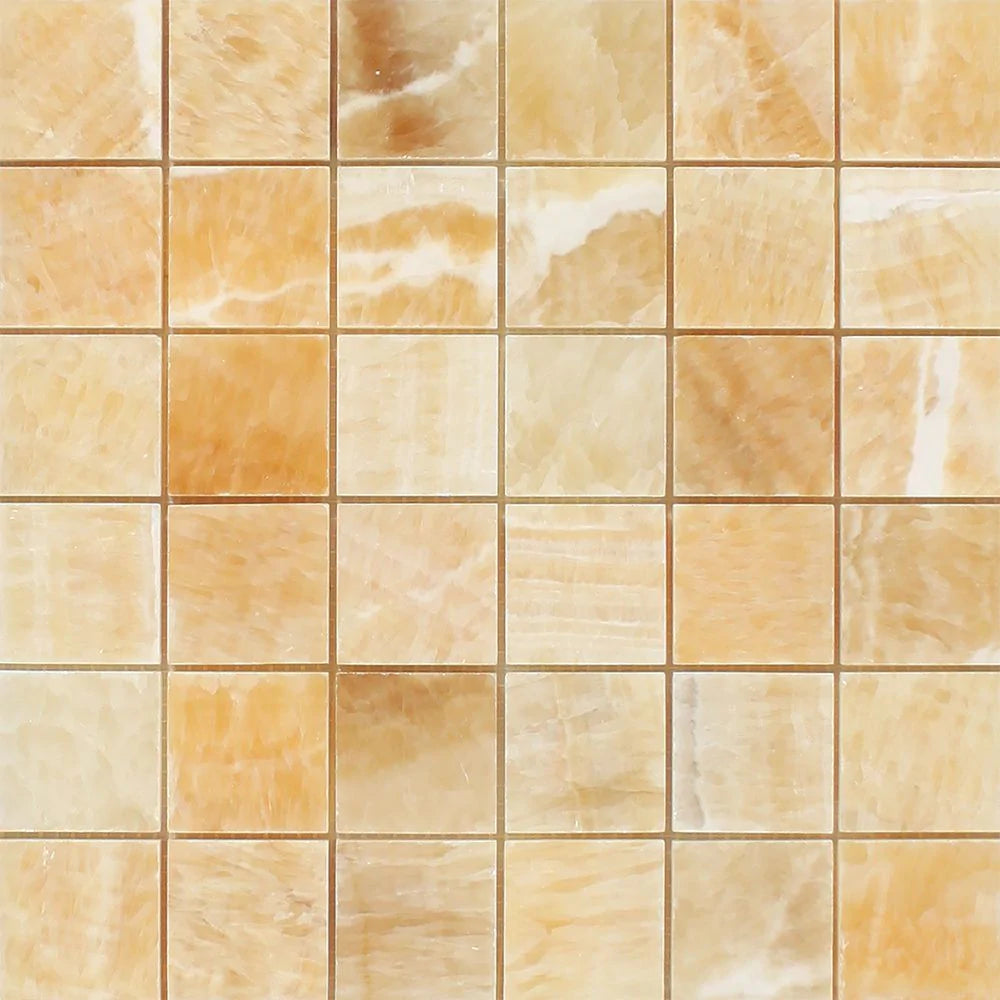 Flat view of Honey Onyx 2x2 Mosaic Tile in polished finish, 12x12 mesh-mounted sheet
