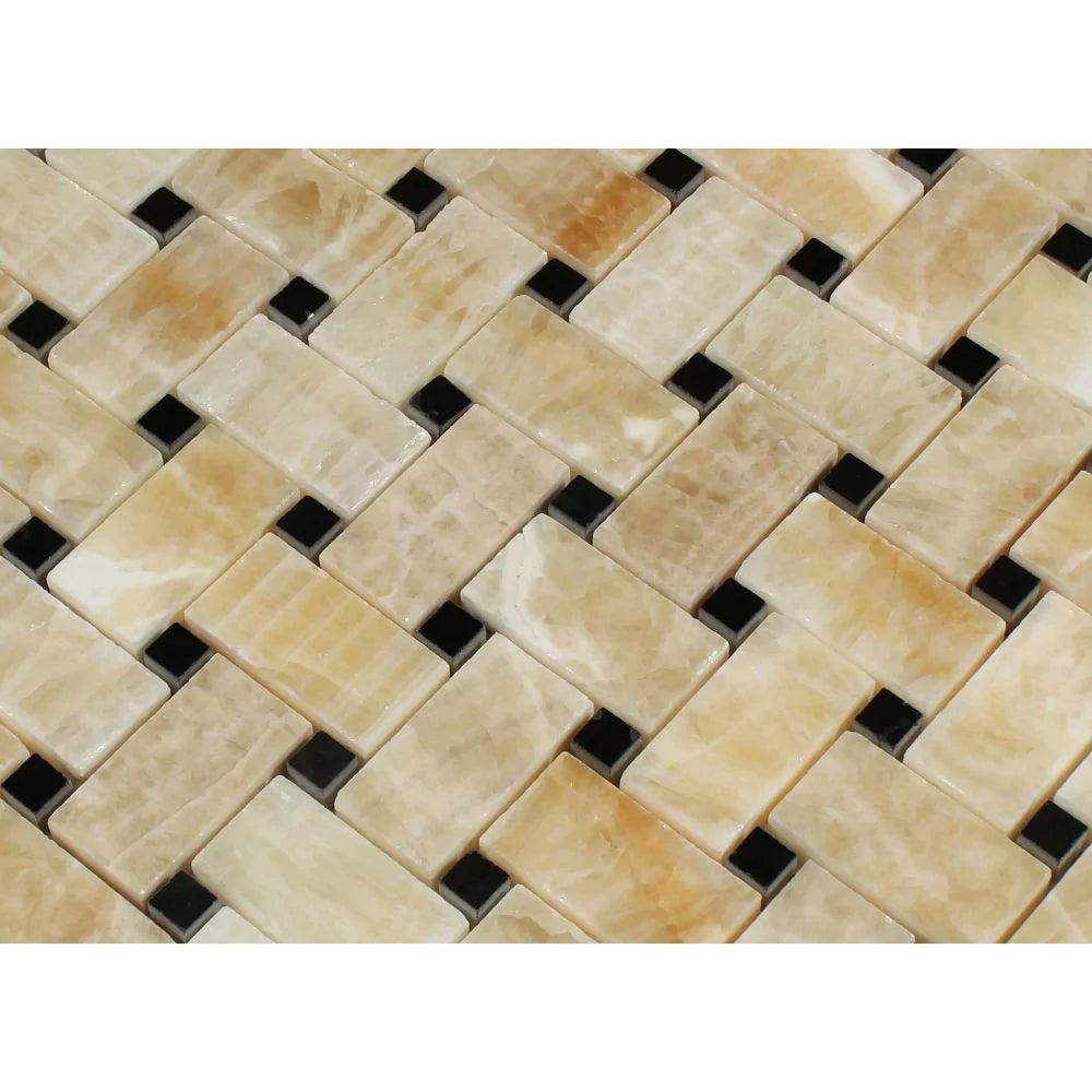 Close-up of polished Honey Onyx with black marble inserts showing texture and contrast