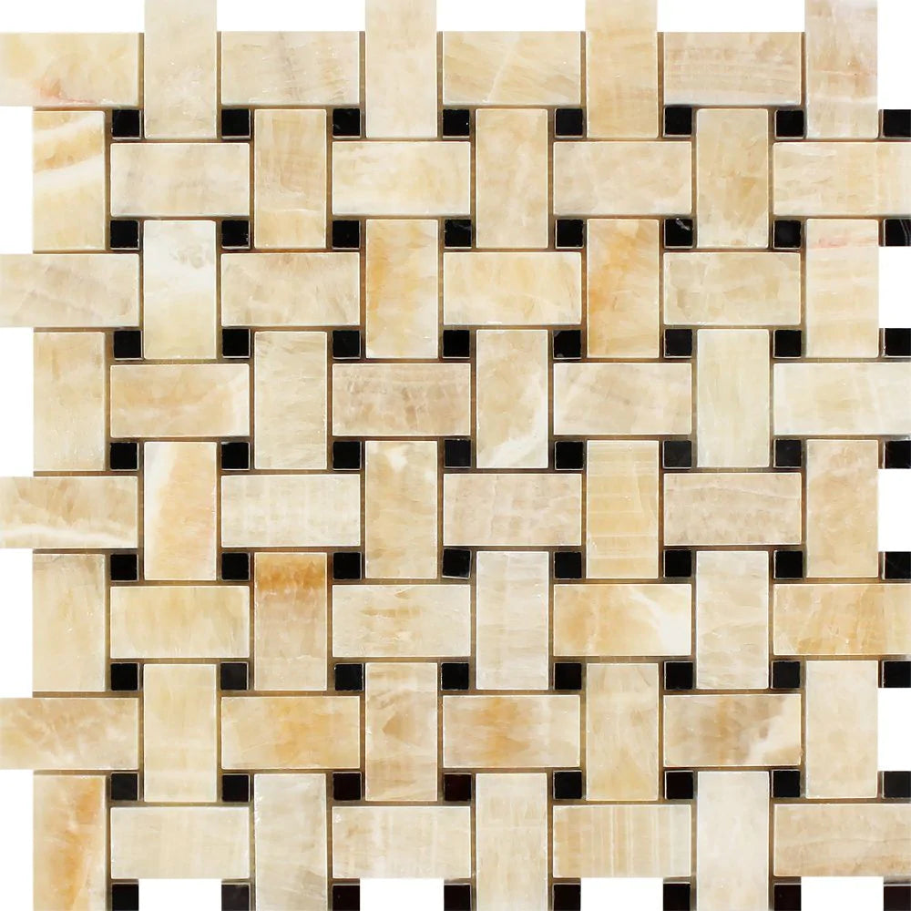Flat view of Honey Onyx Basketweave Mosaic with Black Marble Inserts in polished finish, 12x12 sheet
