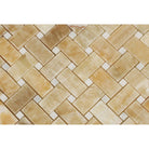 Close-up of polished Honey Onyx and white marble basketweave mosaic showing color contrast and veining