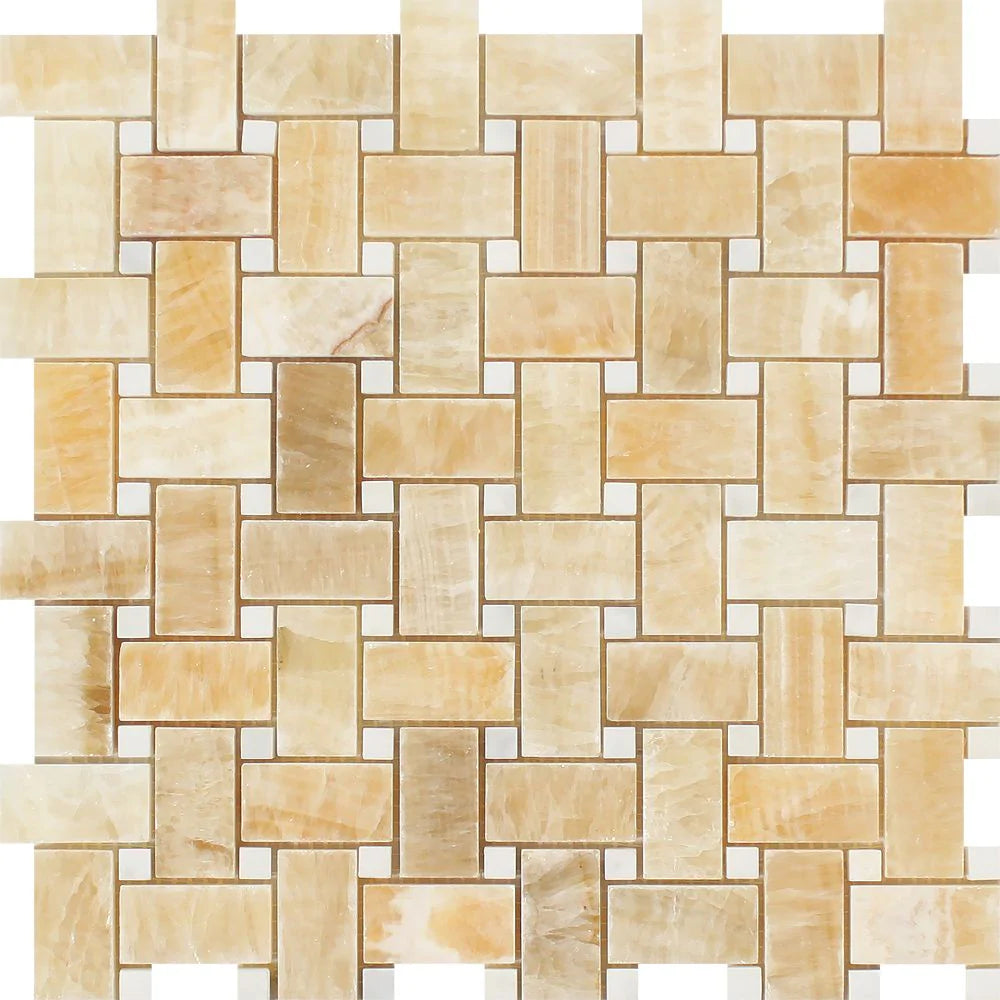 Honey Onyx Polished Basketweave White Mosaic Tile