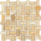 Flat view of Honey Onyx Basketweave Mosaic with White Marble Inserts, polished finish, 12x12 sheet