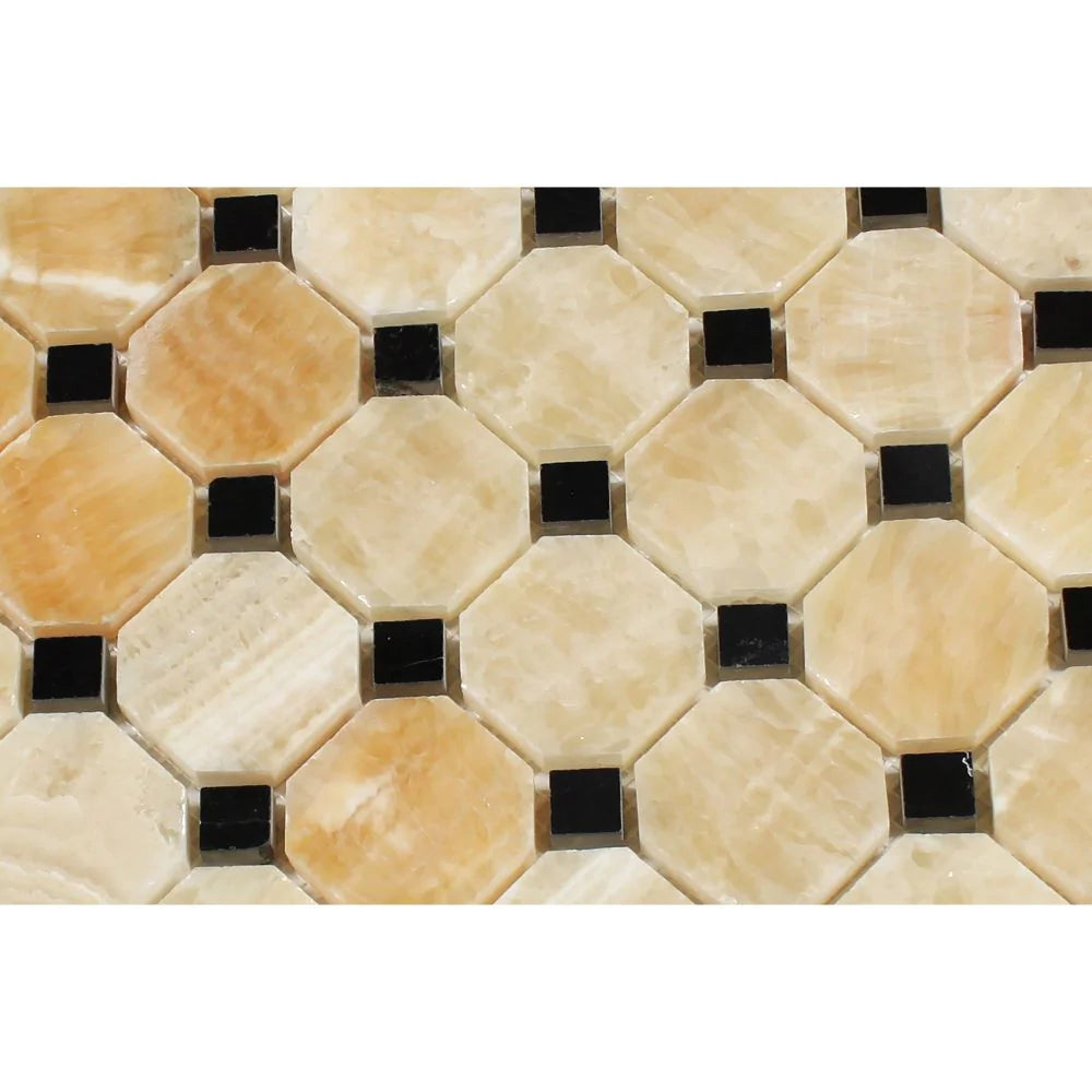 Close-up of polished Honey Onyx tile showing veining and black marble dot detail