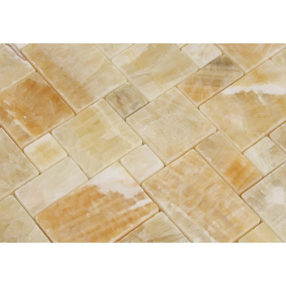 Close-up of Honey Onyx Mini Versailles Mosaic highlighting warm amber tones and veining