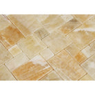 Close-up of Honey Onyx Mini Versailles Mosaic highlighting warm amber tones and veining