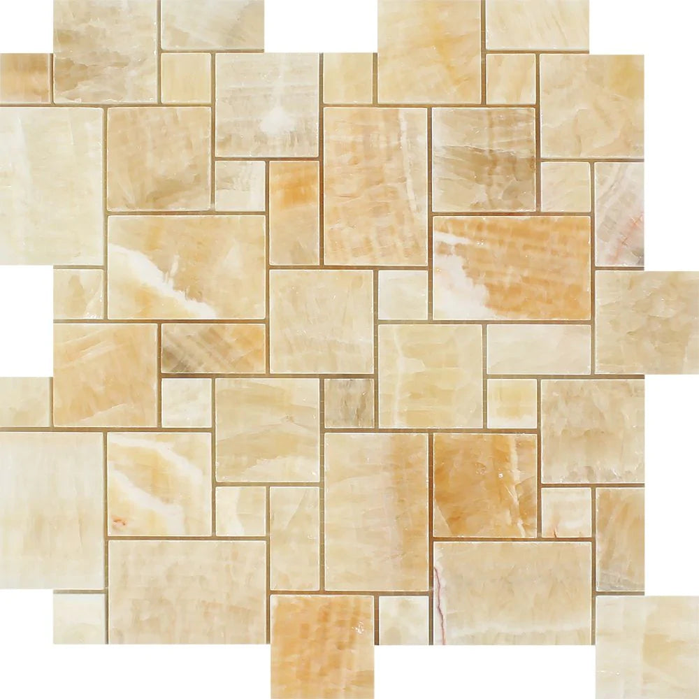 Flat view of Honey Onyx Mini Versailles Mosaic Tile in polished finish, showing classic pattern layout