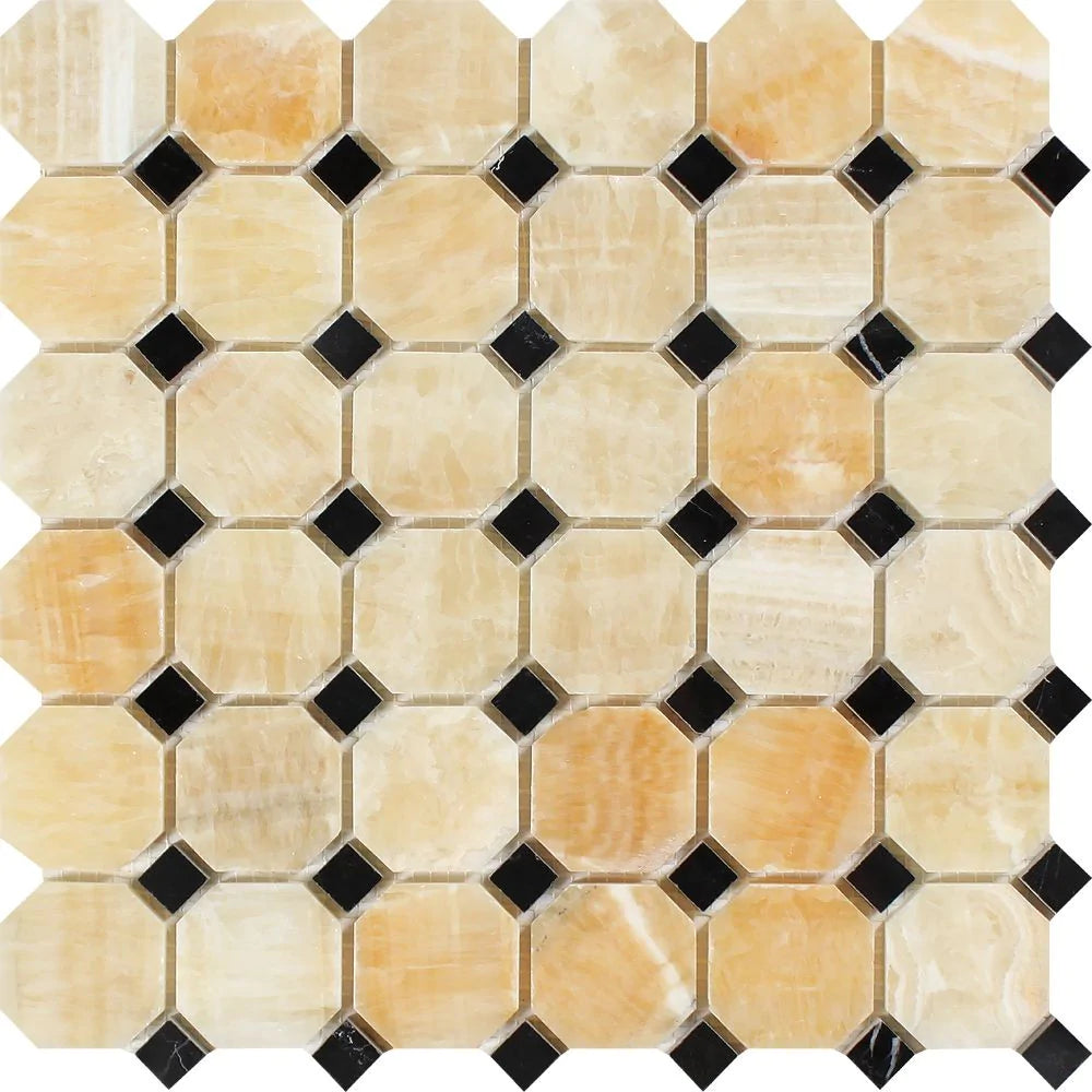 Flat lay of Honey Onyx octagon mosaic tile with black marble inserts, polished finish