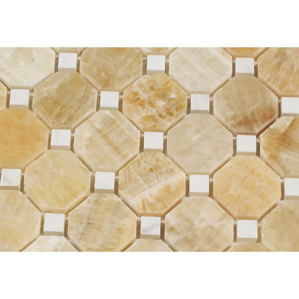 Close-up of Honey Onyx and White Marble Octagon Mosaic showing veining and classic pattern