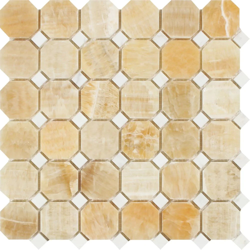 Flat view of Honey Onyx Octagon Mosaic with White Marble Inserts in polished finish, 12x12 sheet