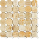 Flat view of Honey Onyx Octagon Mosaic with White Marble Inserts in polished finish, 12x12 sheet