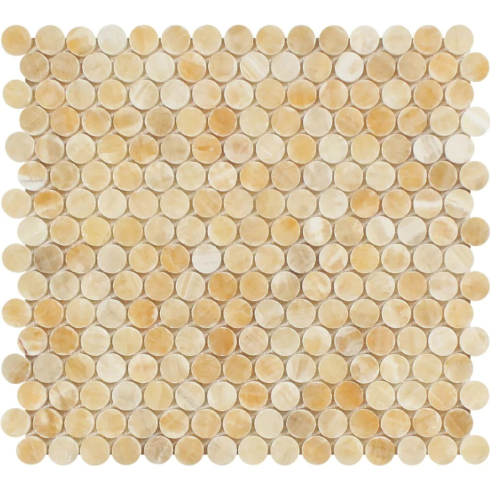 Honey Onyx pennyround mosaic tile polished finish