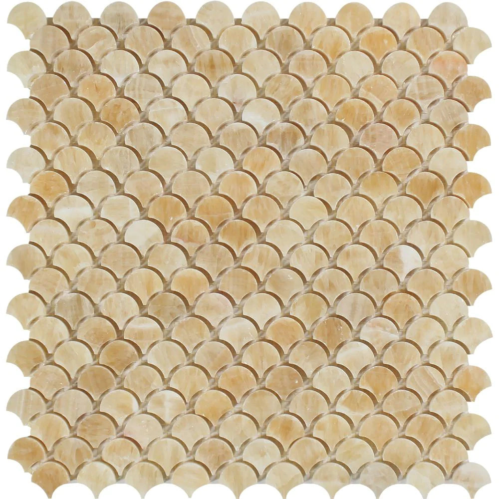 Flat view of Honey Onyx Polished Raindrop Mosaic Tile in golden tones