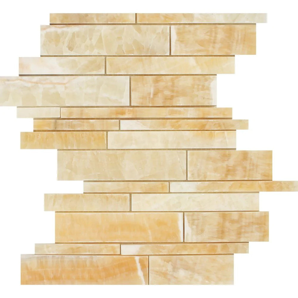 Flat view of Honey Onyx Random Strip Mosaic in polished finish, 12x12 sheet