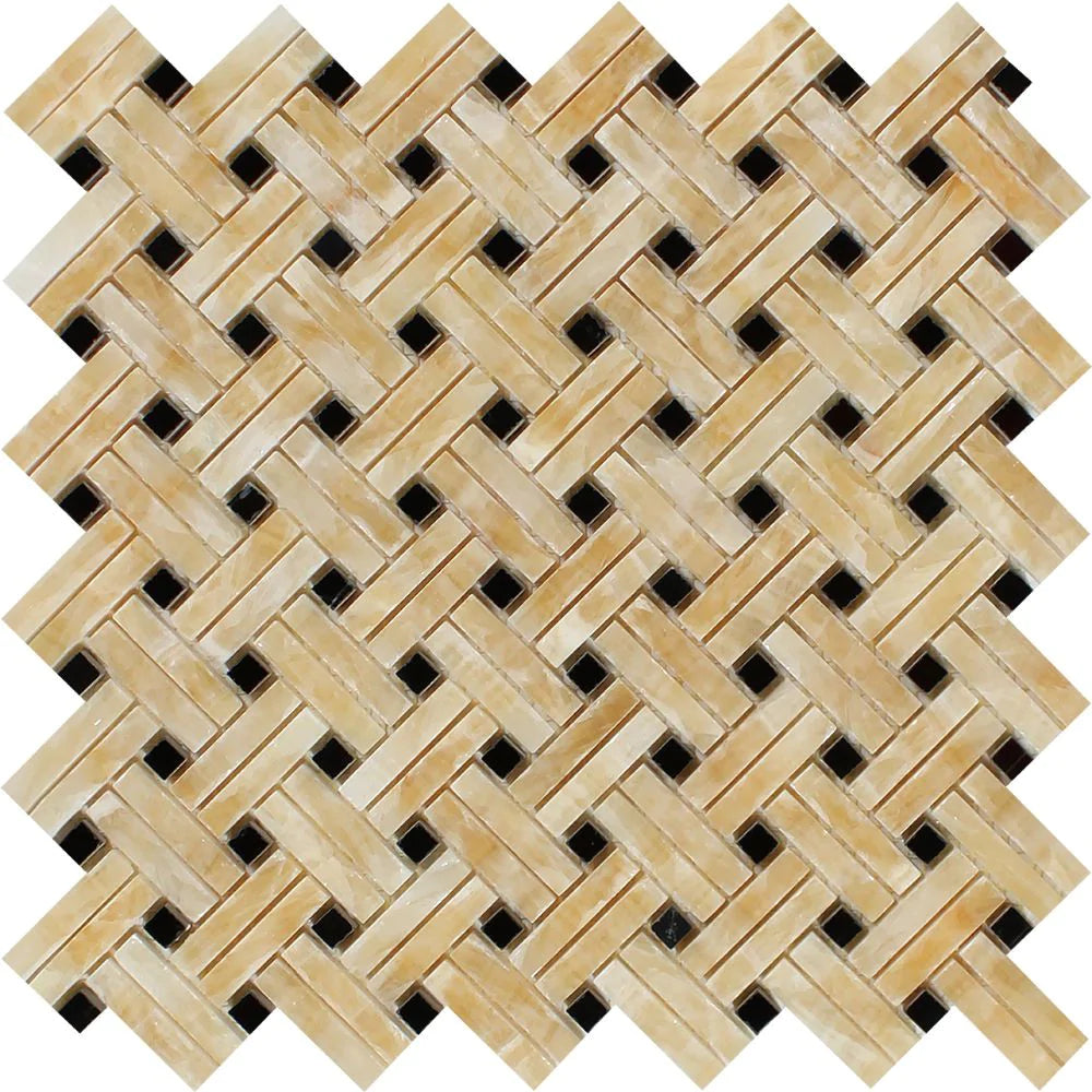 Flat view of Honey Onyx Stanza Mosaic with Black Marble in polished finish, 12x12 sheet