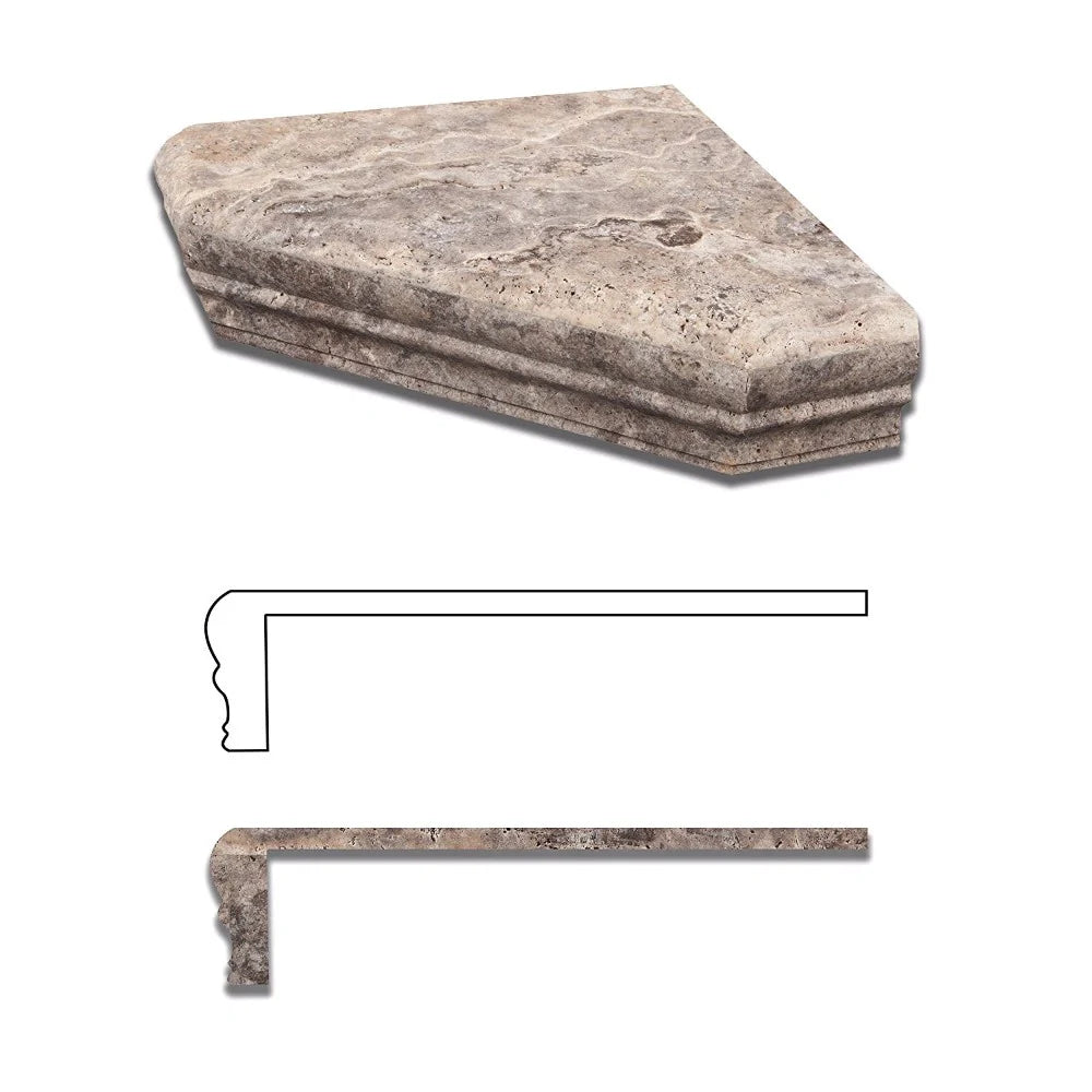 Silver Travertine Corner Shelf in honed finish, 8 3/4 x 2 3/8"