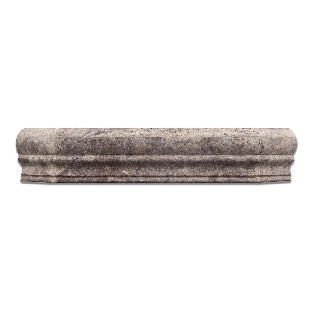 Close-up of Silver Travertine shower shelf showing edge finish and surface detail