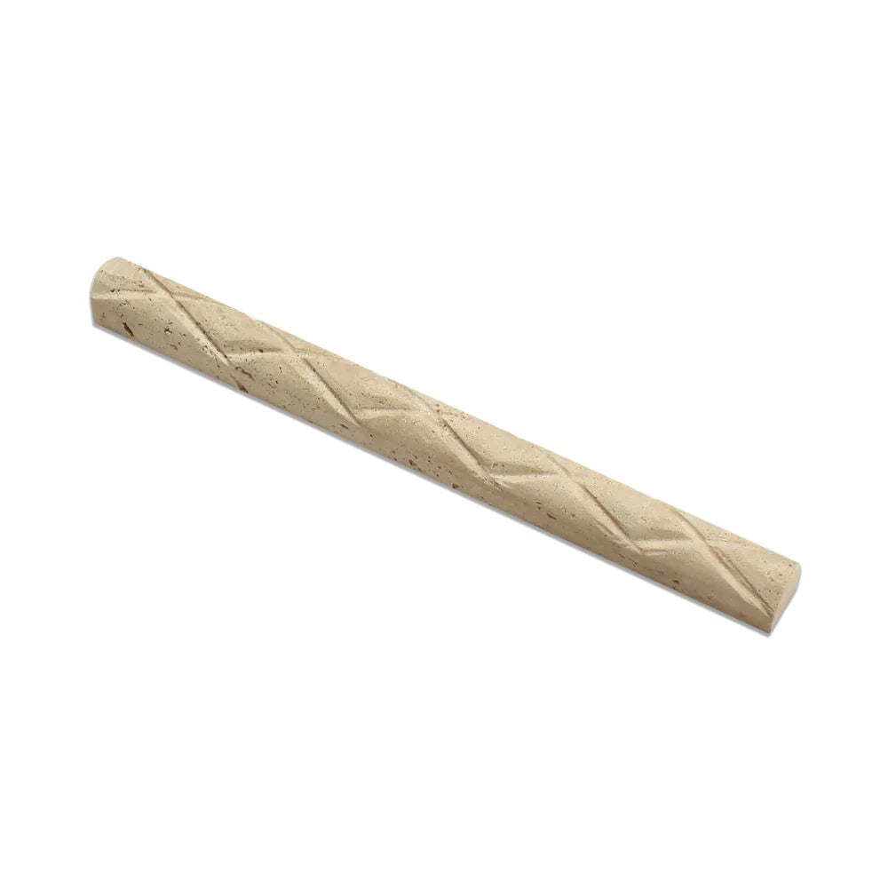 Close-up of Ivory Travertine Bullnose Molding showing cream and golden stone texture